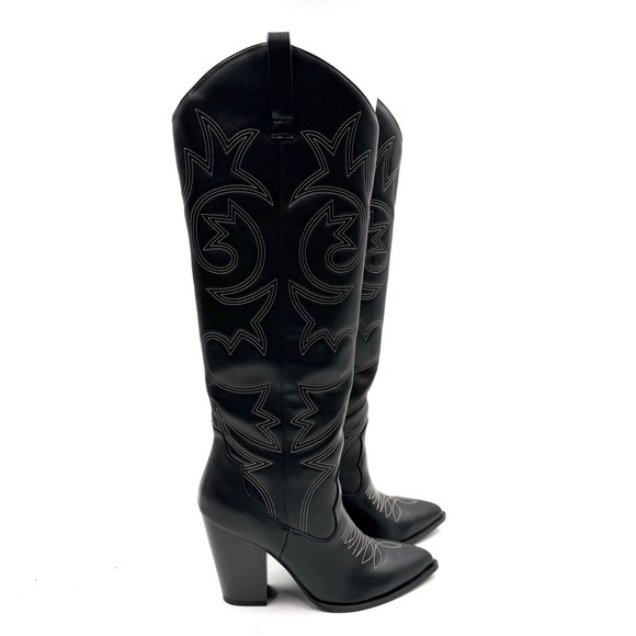 Steve Madden Linconn Boots Black Faux Leather Knee Cowboy Western Heel Sz 8 - Picture 2 of 13